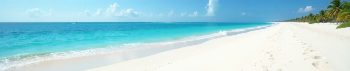 Fototapeta premium Gleaming white dunes meet turquoise sea, pristine beach , sun, travel