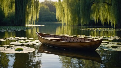 Obraz premium Rowboat Resting on Lake Water Surrounded by Lily Pads and Trees