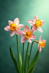 Fototapeta premium Vibrant narcissus flowers in mid-air with blurred color background, nature, beauty, narcissus