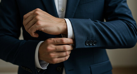 Obraz premium [Generative AI] 정장을 입고 소매 버튼을 잠그는 남성의 손