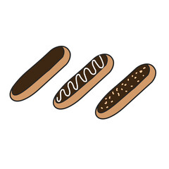 Trio of Éclairs Vector Illustration – Chocolate, White Chocolate, and Nut-Topped Pastry