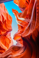Arizona's renowned Antelope Canyon showcases a stunning tapestry of swirling sandstone formations, where light cascades through narrow crevices,