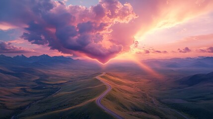 Obraz premium Aerial perspective of solitary mountain road curving through serene countryside, enormous heart-shaped gap in dramatic sunset clouds revealing crimson sky, scattered cloudscape in pastel pink and