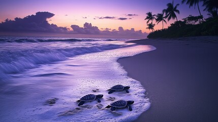 Fototapeta premium Cluster of tiny green sea turtle hatchlings emerging from sand nest at dawn, moonlit tropical beach with gentle waves, footprints trailing behind shells, silvery foam washing shoreline, palm trees