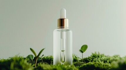 Herbal beauty essence in a transparent dropper bottle, surrounded by gold-dusted leaves and deep green moss, enchanted luxury aesthetic, ultra-clear sharp lighting