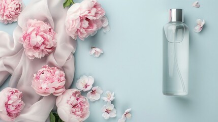 High-end organic facial mist infused with herbal extracts, placed beside silk flowers and delicate porcelain dishware, soft-focus luxury aesthetic, ultra-detailed high-resolution textures