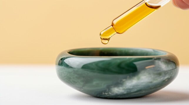 Herbal elixir dropper releasing golden organic oil onto a smooth jade roller, high-end skincare ritual, ultra-detailed high-resolution textures