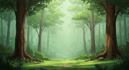 Obraz premium Walking the Trail Through a Lush Green Forest with Light and Mist