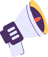 A purple and yellow megaphone with a red mouth