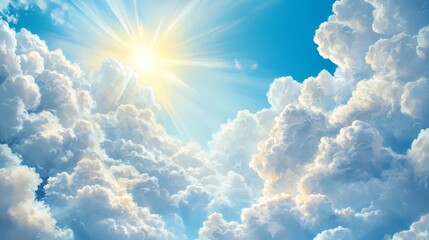 Dynamic anime cloudscape with towering cumulonimbus clouds against crystal clear blue backdrop, dramatic sunbeams creating golden highlights on cloud edges, wispy cirrus clouds adding depth,