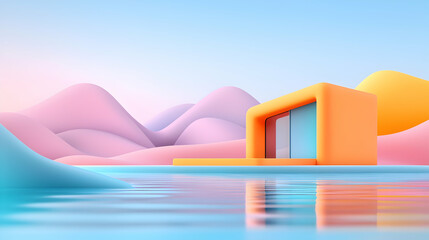 Modern House with Swimming Pool on Pastel Mountains