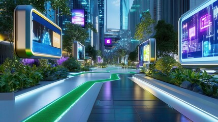 Fototapeta premium Futuristic City Park, Smart City Pathway - Futuristic Cityscapes