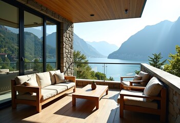 Fototapeta premium Lakeside Luxury: Glass-Walled Terrace at Lake Como Blending Natural Materials with Modern Design - Perfect for a Tranquil and Sophisticated Italian Getaway.