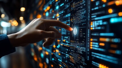 Hand interacting with a digital interface showing data streams and code.