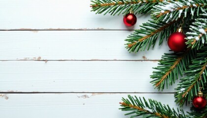 Fototapeta premium Fir branches with snowfall on wooden white board in festive Christmas and New Year background, Decorations, Winter