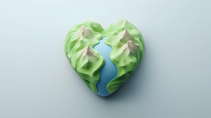 Heart-Shaped Earth Globe: 3D Render of Green Mountains and Blue Ocean Symbolizing Environmental Love