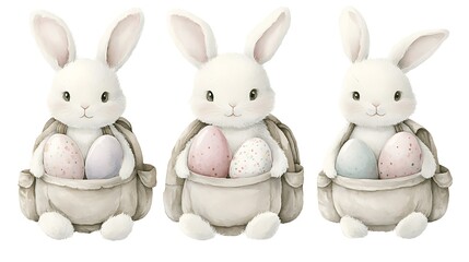 Fototapeta premium Three cute Easter bunnies with egg-filled backpacks.