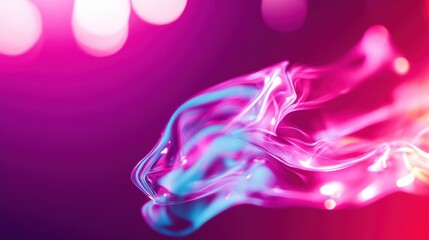 Wisps of colorful smoke flow gracefully through the air, illuminated by bright pink and purple lights in an artistic display