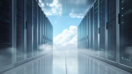 Cloud computing architect designing scalable cloud infrastructures, sleek office with cloud data servers and virtual environments, Digital style