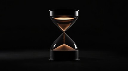 Minimalist hourglass form with sand trickling down, stark black environment, rim lighting effect, deep contrast shadows, fine art still life, philosophical time concept, dramatic studio capture