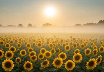 Fototapeta premium Misty Sunrise over a Sunflowers Field: A Serene Summer Morning Landscape