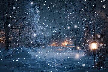 Naklejka premium Tranquil Winter Night Landscape with Soft Focus Snowfall and Calm Atmosphere