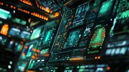 Cybersecurity expert developing AI based threat detection systems, digital operations center with security displays and AI algorithms, Digital-tech style