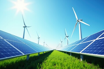 Sustainable energy landscape with rows of solar panels and wind turbines generating clean power in a green field under a sunny blue sky, representing eco-friendly innovation