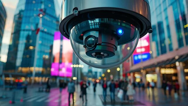 Guardian Eye: A high-tech security camera keeps watch over a bustling city street, offering a glimpse into the intersection of technology and urban life.