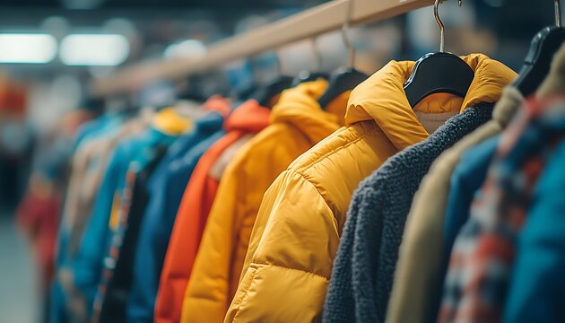 Colorful winter jackets hanging on a rack in a store.