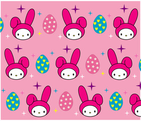 Easter Bunny. Modern egg, children's bunnies pattern Rabbit or hare, spring festive animal with flower and chick. Holiday vector anime Cartoon