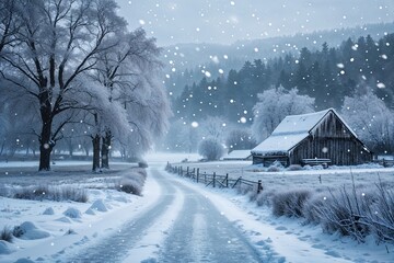Serene Winter Wonderland with Soft Snowflakes in a Peaceful Countryside Scene