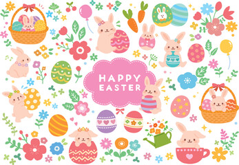 ハッピーイースター　うさぎやイースターエッグのイラストセット