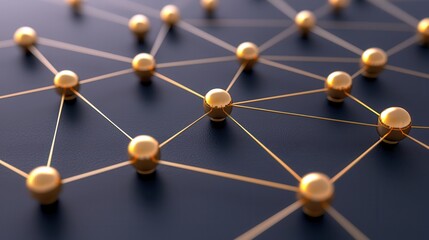 A close-up view of interconnected golden nodes on a dark surface, representing a network or a connection-based system.