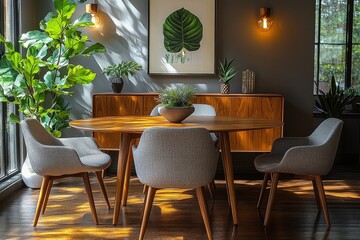 Fototapeta premium Mid-century modern dining room set with oval light wood table, gray fabric chairs, walnut sideboard, and spacious layout for family gatherings and social events.