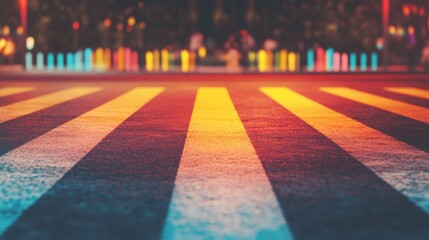 A crosswalk displays colorful lighting against a darkened street, highlighting the urban environment bustling with life at night