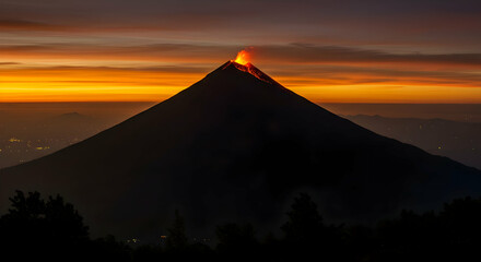 Volcano Erupts At Sunrise, Majestic Mountain Silhouette