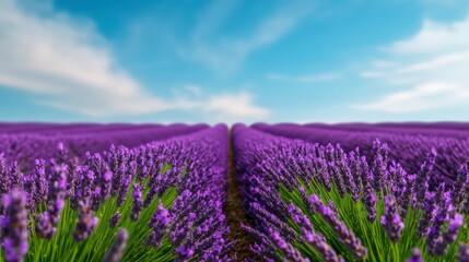 Fototapeta premium Vibrant Lavender Fields Under Sunlit Sky with Gentle Breeze and Lush Greenery
