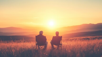 Two individuals relax in folding chairs, watching a vibrant sunset over rolling hills, surrounded by serene grasslands in the evening light
