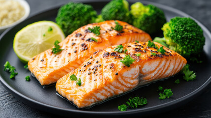 Delicious grilled salmon fillets served with fresh broccoli and lemon slices, perfect for