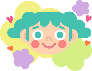 Baby face, avatar, baby head, nationality in flat style, flowers as decoration.