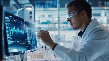 Genetics researcher using AI to sequence DNA in a bioinformatics lab, high-tech bioinformatics lab with AI-powered tools for genetic sequencing and analysis, Scientific style