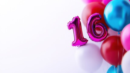 Colorful balloons surround a shiny 16 balloon, setting a festive mood for a sweet sixteen birthday celebration
