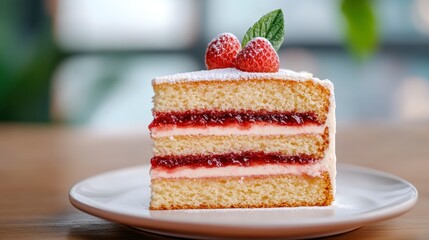 Delicious Slice of Strawberry Jam Victoria Sponge Cake with Fresh Berries on a Plate