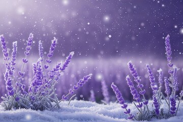 Serene Lavender Winter Landscape with Frosty Tendrils and Soft Snowflakes