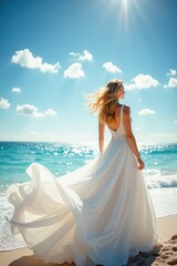 Elegant bride in a flowing wedding gown standing on a sunlit beach, looking at the shimmering ocean under a blue sky, capturing a dreamy and romantic destination wedding moment