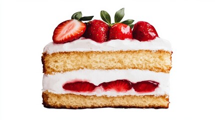 Delightful Rustic Homemade Strawberry Cake Slice with Cream and Fresh Berries on Top