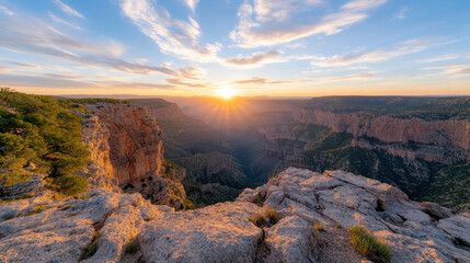 Fototapeta premium Breathtaking view of Grand Canyon sunrise, showcasing stunning rock formations and vibrant