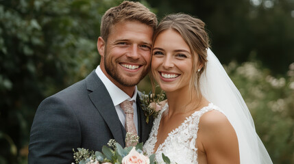 joyful couple smiles together on their wedding day, surrounded by nature beauty