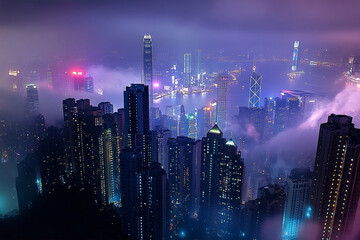 Fototapeta premium Misty Night Cityscape with Glowing Lights from a High Angle Perspective